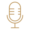 A minimalist gold line icon of a vintage microphone on a solid white background.