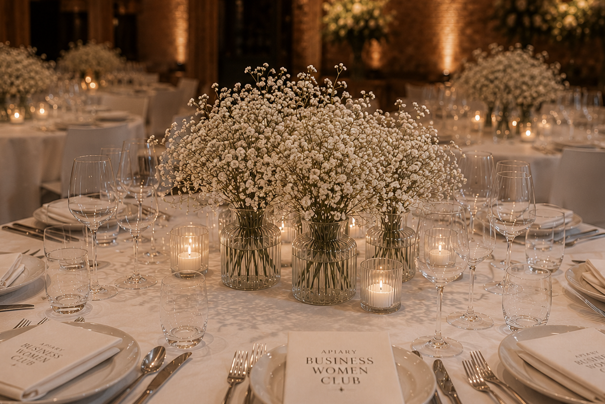 A beautifully set wedding reception table featuring large arrangements of white baby's breath in clear glass vases, surrounded by lit pillar candles, wine glasses, and white plates on a white tablecloth.